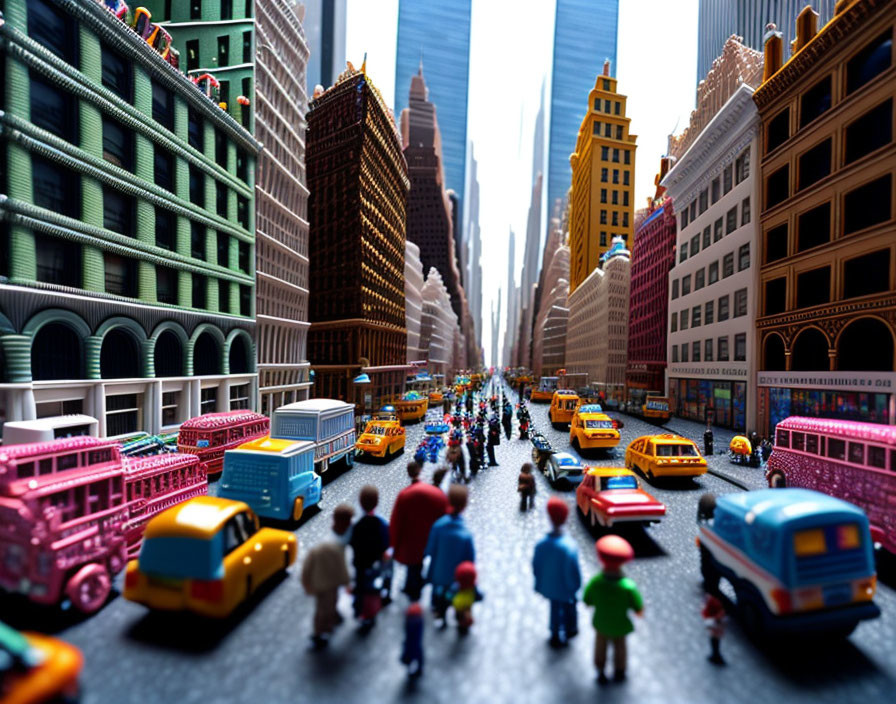 Colorful miniature city scene with cars and pedestrians among skyscrapers