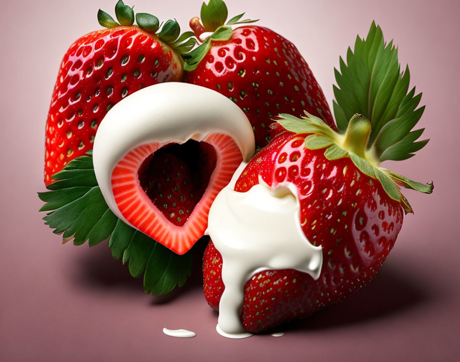 Ripe strawberries with heart-shaped slice and cream on pink background