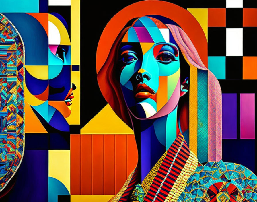 Abstract Digital Artwork: Stylized Female Faces with Geometric Patterns