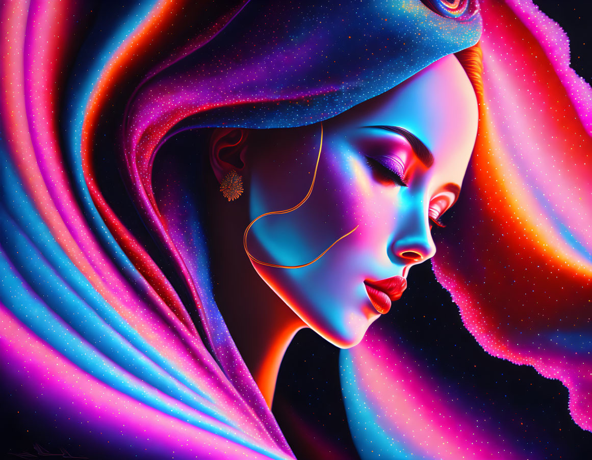 Cosmic-themed digital artwork of a woman with vibrant colors