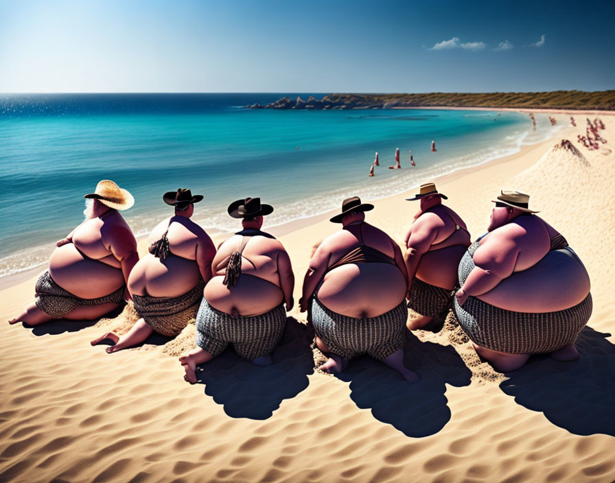 Five cartoon-style sumo wrestlers in hats and black mawashi on sandy beach with clear blue sky