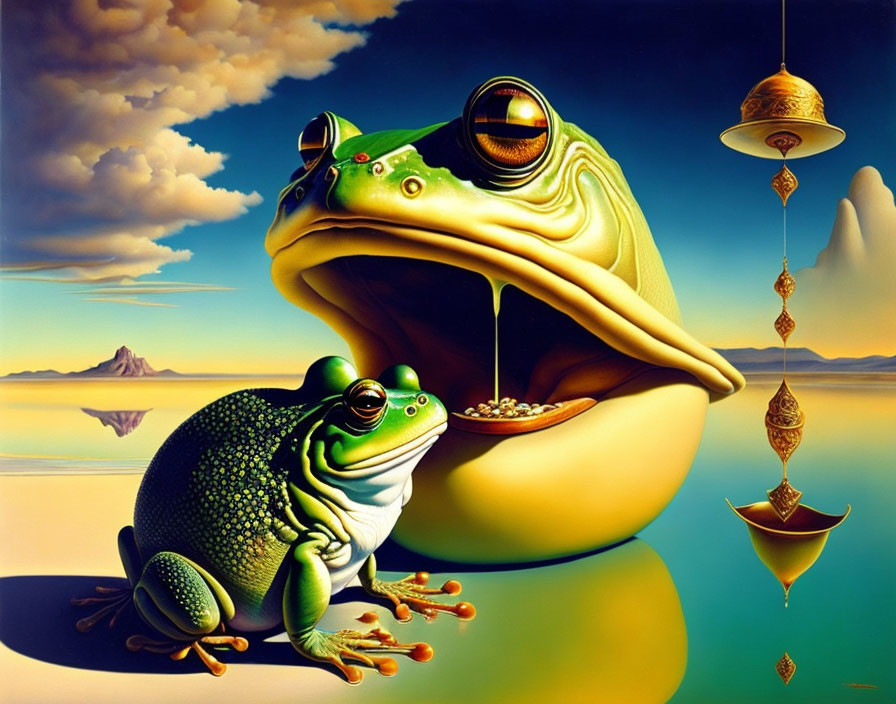 Surreal painting featuring two frogs, spheres, and desert landscape