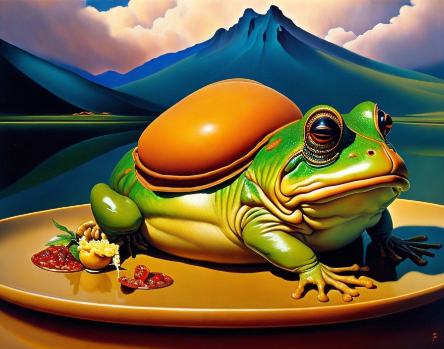 Surreal painting: Frog burger on plate with strawberries, garnish, mountain backdrop