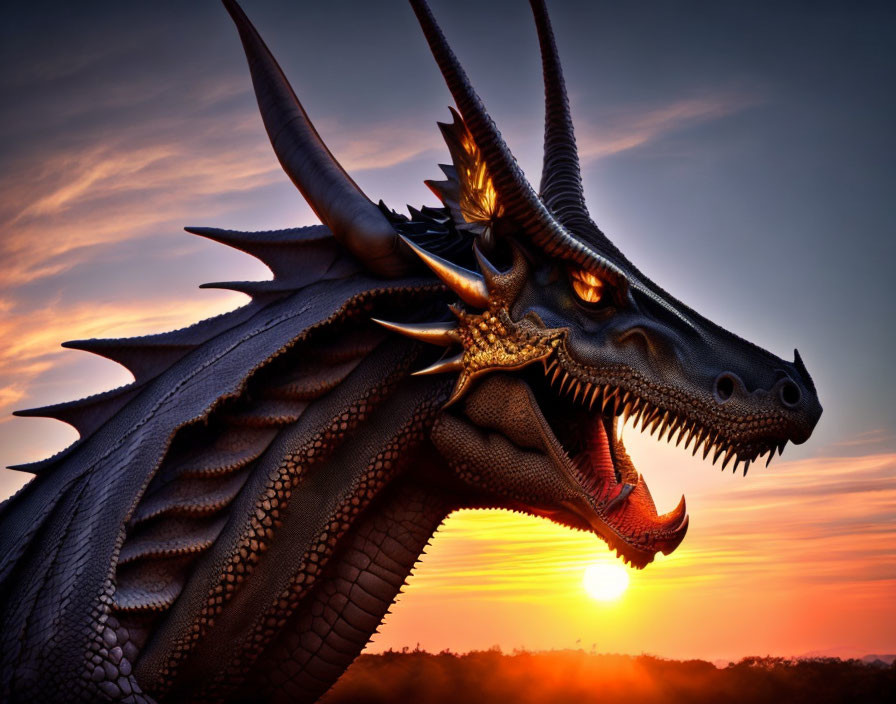 Majestic dragon head silhouette against vivid sunset with intricate scales.