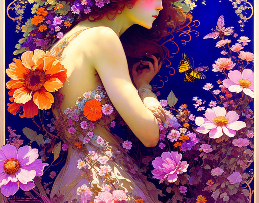 Fantasy illustration: Woman with flowers and butterflies in vibrant colors