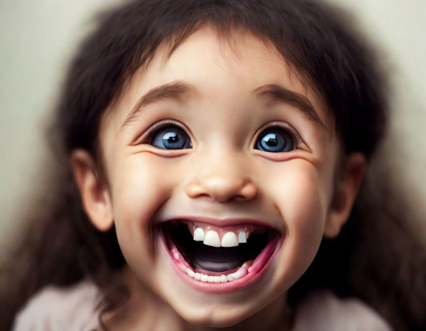 Young child with bright smile and curly hair in close-up portrait.