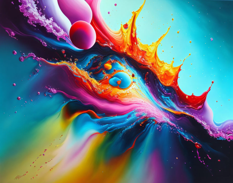 Colorful Abstract Artwork: Dynamic Paint Splash with Floating Spheres