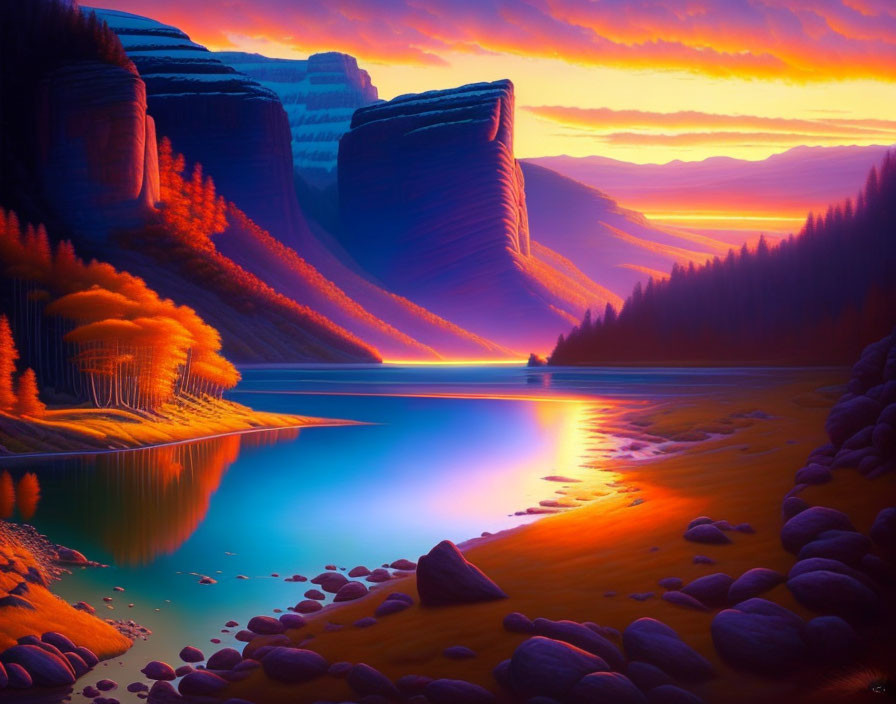 Vibrant digital art landscape of tranquil lake at sunset