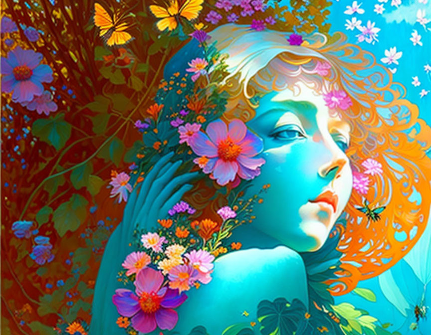 Fantastical blue-skinned person surrounded by colorful flowers and butterflies.