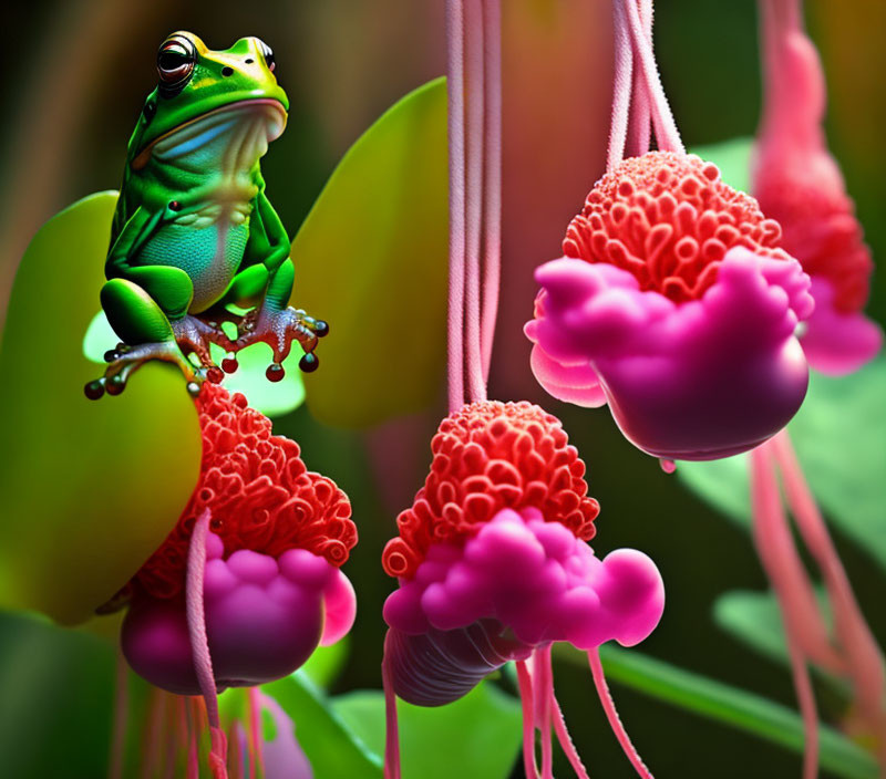 Green frog on leaf surrounded by pink tendrils in lush environment