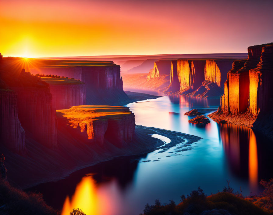 Serene canyon sunrise with warm hues and reflective river