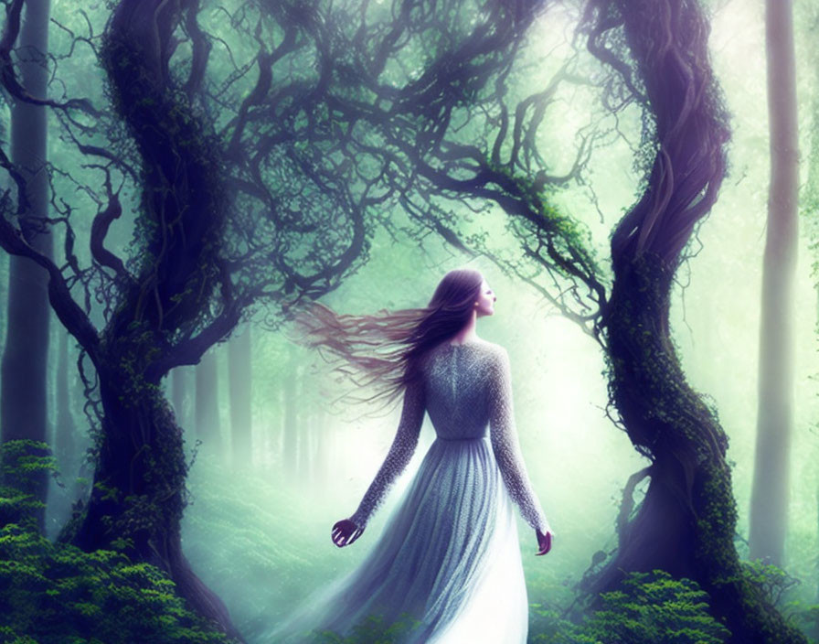 Woman in flowing dress in misty, moss-covered forest