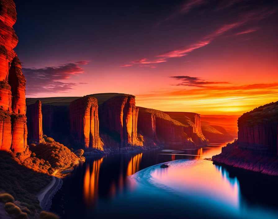 Vibrant sunset over serene canyon with steep cliffs and calm river