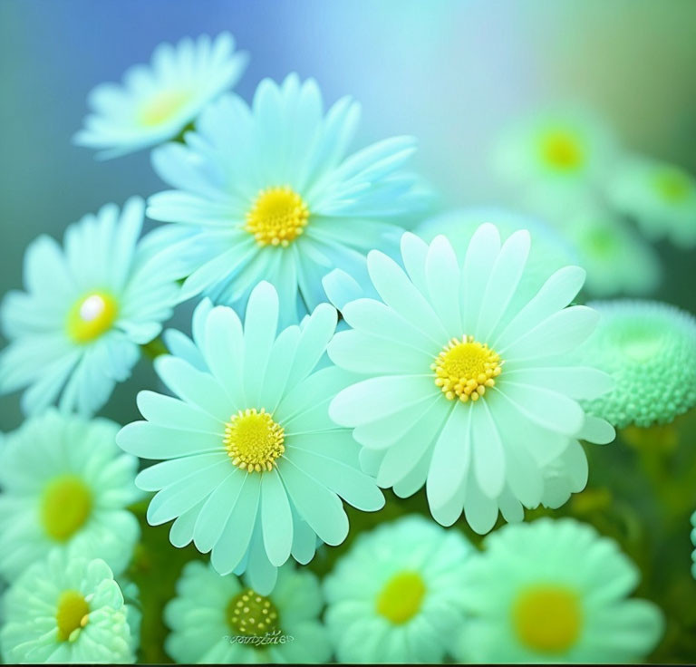 Bright Blue and White Daisies on Soft Green Background