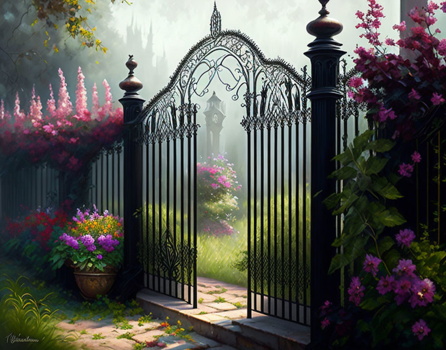 Ornate Black Iron Gate Leading to Misty Flower-Lined Garden Path