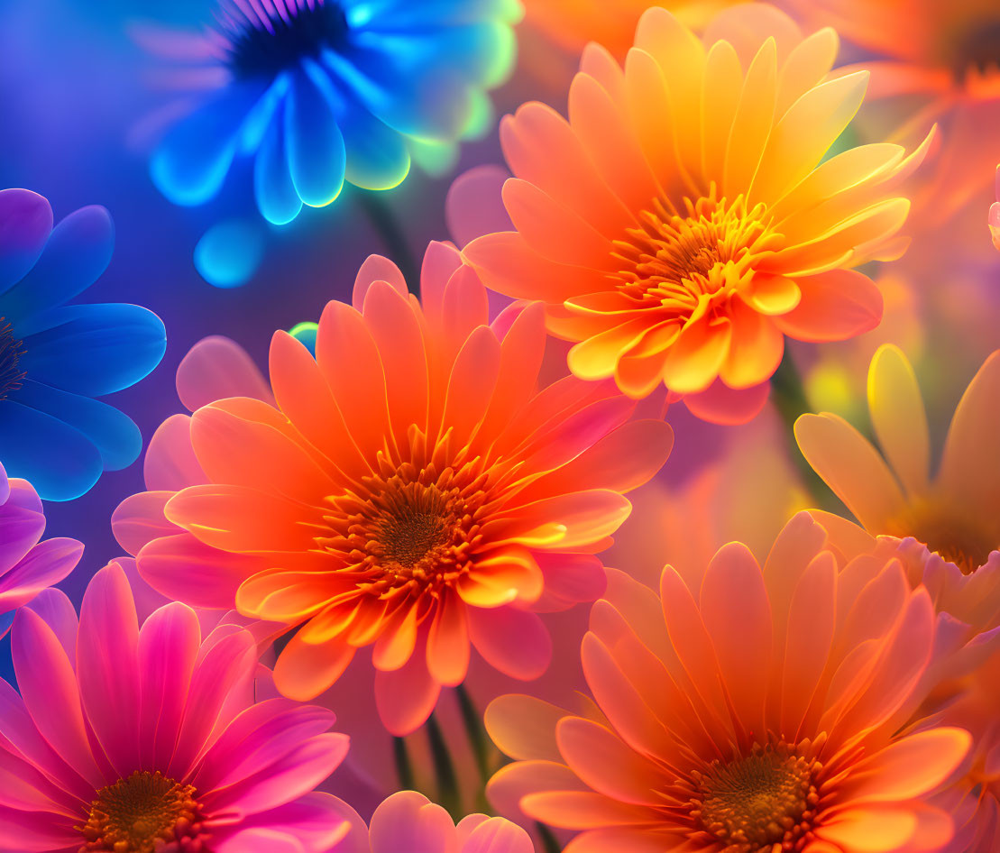 Colorful Soft Focus Flowers in Orange, Blue, and Pink