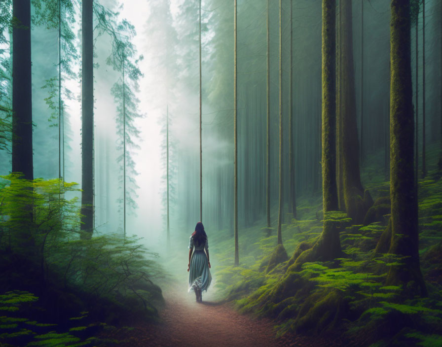 Person walking on misty forest pathway surrounded by towering trees and green moss under soft light