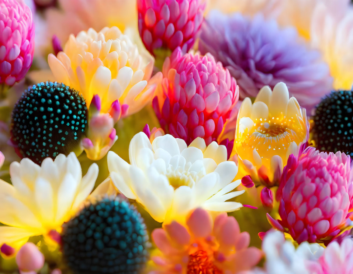 Colorful Close-Up of Intricate Flower Details in Pink, Yellow, Orange, and Purple