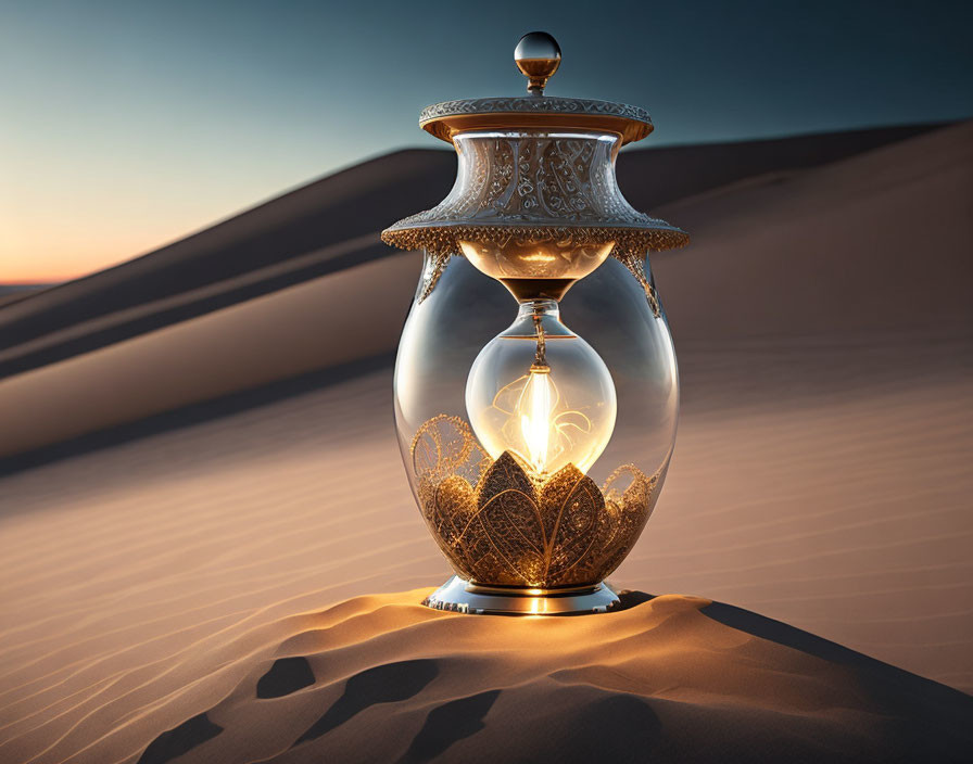 Vintage Lantern Illuminating Desert Sands at Twilight