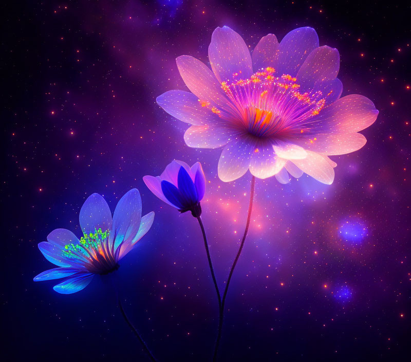 Colorful Glowing Flowers on Cosmic Background