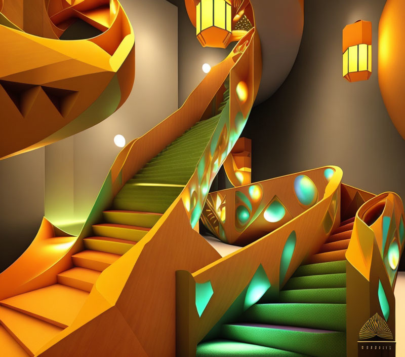 Surreal image of Escher-like impossible structure with intertwined staircases and warm color palette