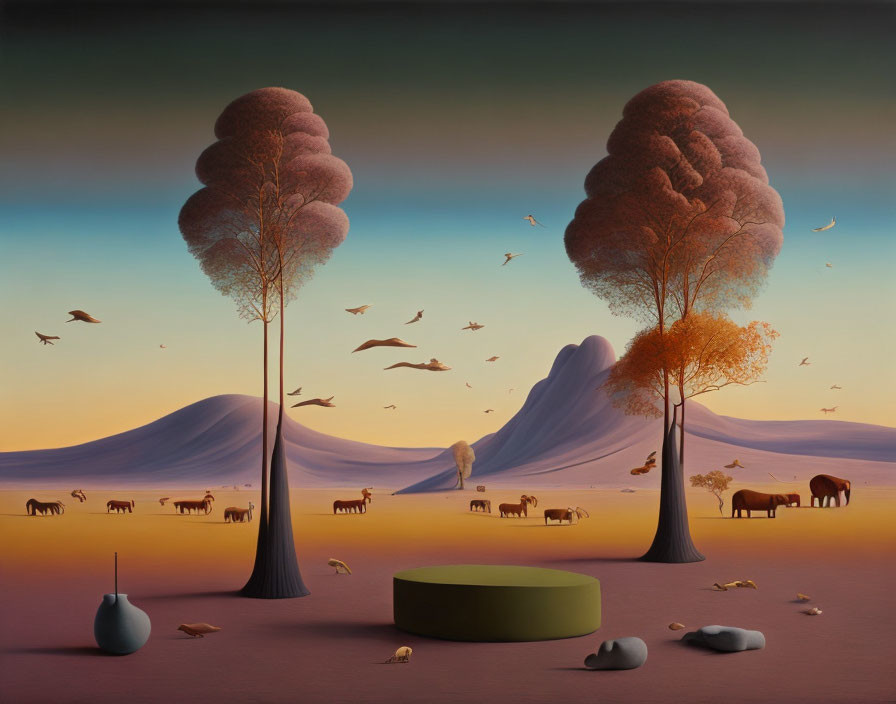 Surreal landscape: zebras, broccoli-like trees, orange sky, birds, whimsical hills