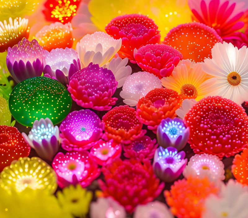 Vibrant Illuminated Artificial Flowers on Blurred Background