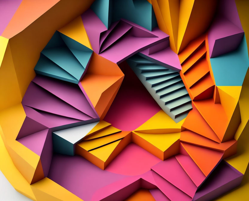 Vibrant 3D geometric composition with circular void and paper-like structures