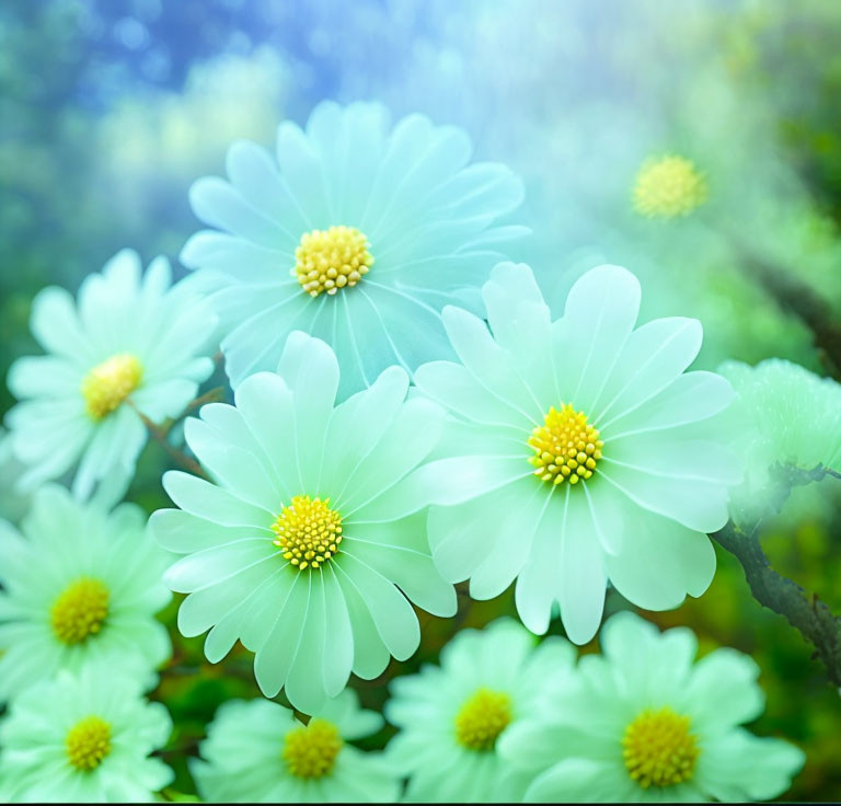 Soft-focus forest scene with pale blue daisies and yellow centers