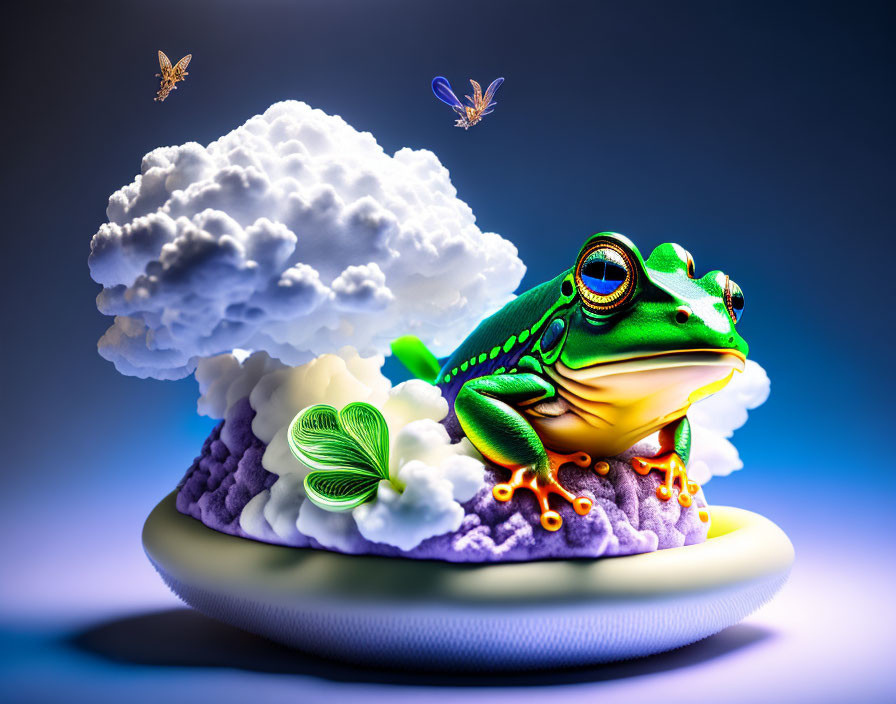 Colorful surreal illustration: Green frog on purple cloud with butterflies