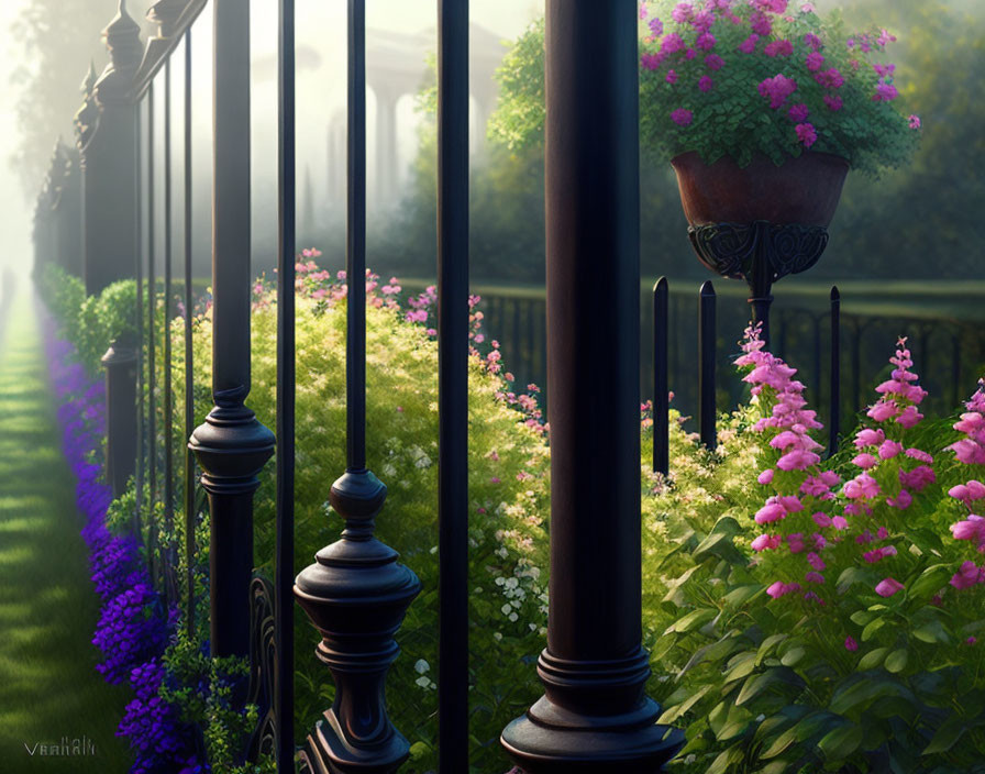 Tranquil garden with vibrant flowers and wrought iron fence