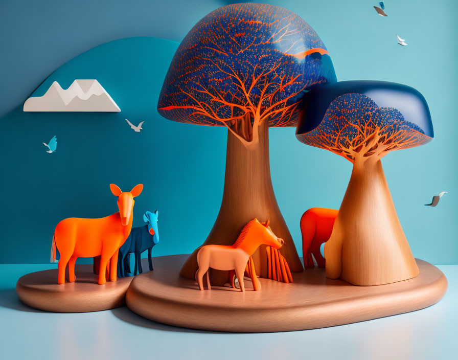 Vibrant blue trees, orange deer, and white birds in 3D illustration