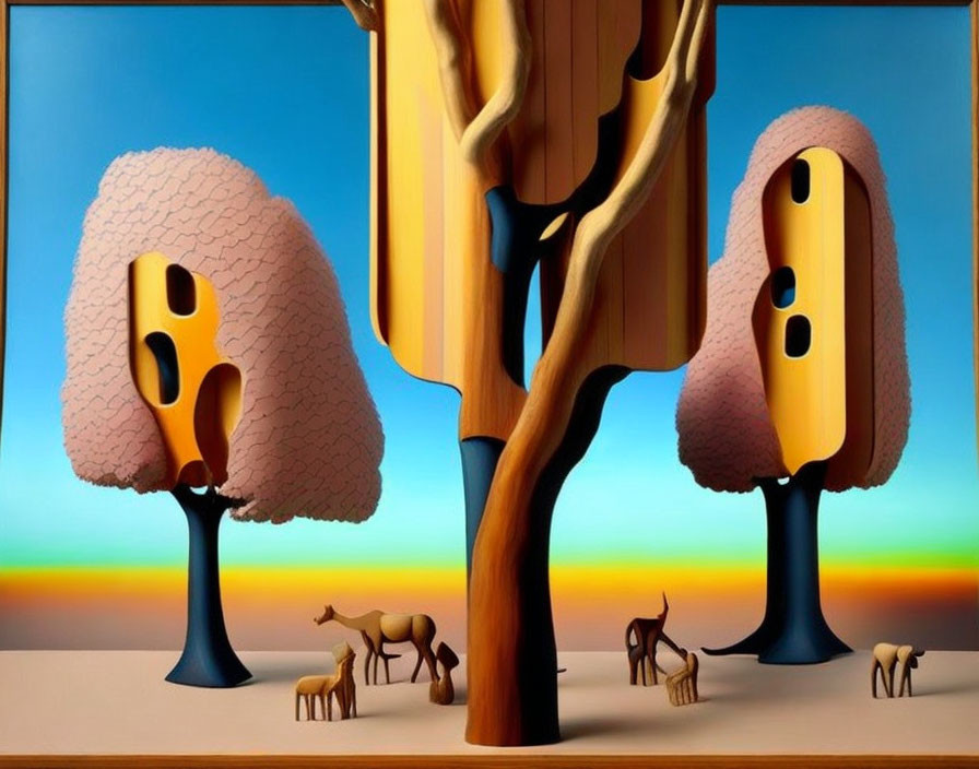 Surreal landscape: stylized saxophone trees, pink foliage, small horse figures, blue sky