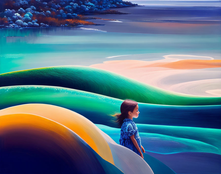 Child admires surreal multicolored dunes and tranquil shoreline.