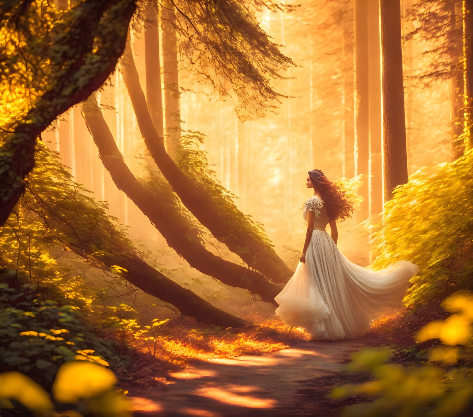 Woman in white dress standing in sunlit forest.