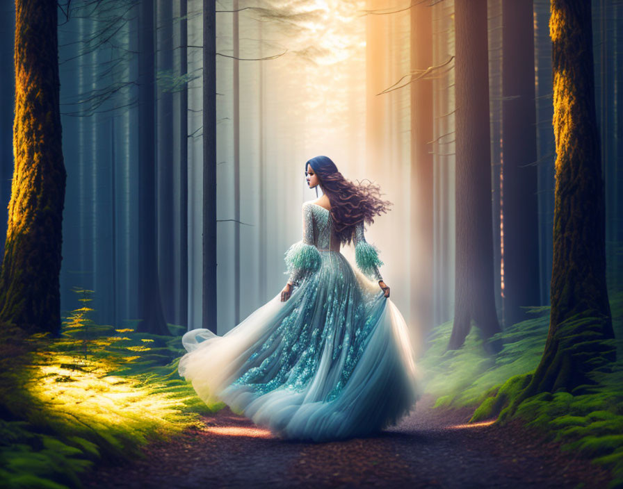 Woman in flowing blue dress walking in sunlit forest with misty tall trees.