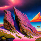 Colorful surreal landscape with pink-flowered rocks, butterflies, and a desolate ground.