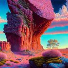 Whimsical landscape with pink tornado-like rock formation