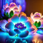 Vibrant blue and purple artificial flowers in warm, mystical setting