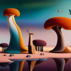 Vibrant surreal landscape with oversized mushrooms and birds on mirrored surface