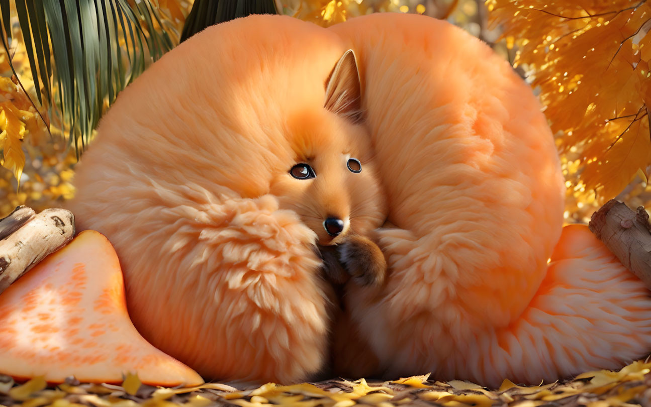 Fluffy orange fox curled up in autumn setting