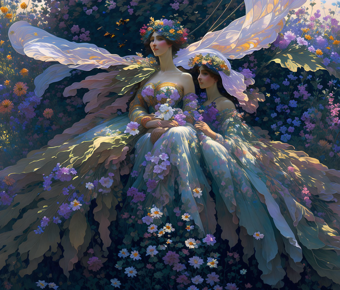 Ethereal beings with delicate wings and floral garments among blossoming flowers