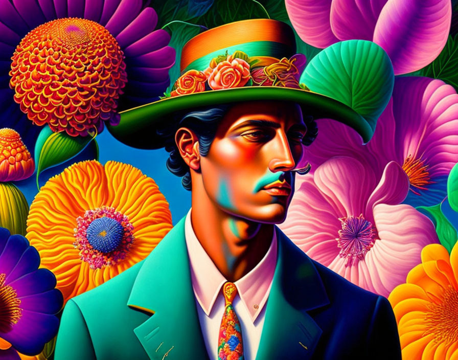 Colorful digital artwork: man in teal suit and floral hat on vibrant floral backdrop