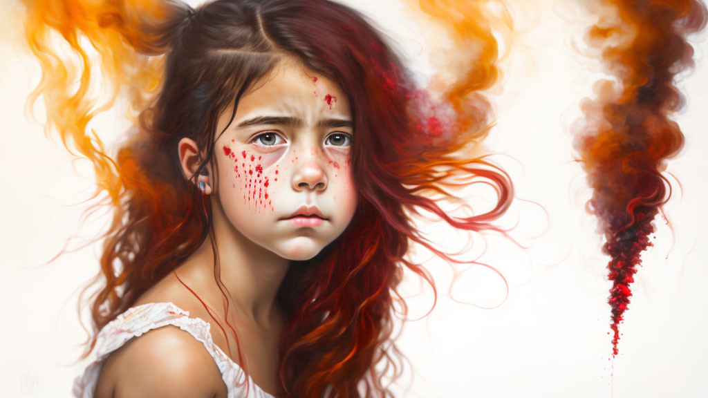 Digital painting of young girl with red hair merging into fire-like trails and ember speckles on her