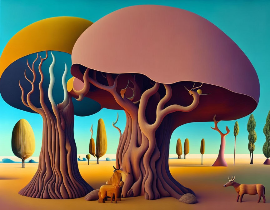 Surreal landscape with oversized trees and colorful shading, animals under a vast canopy