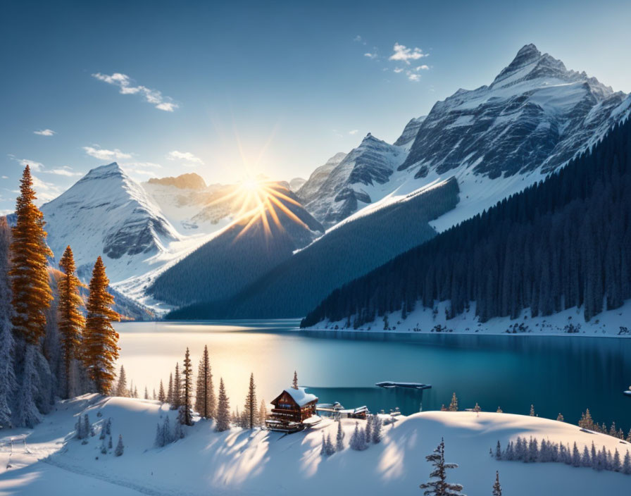 Snow-covered mountain landscape at sunrise with cabin, lake, evergreens, and larch trees