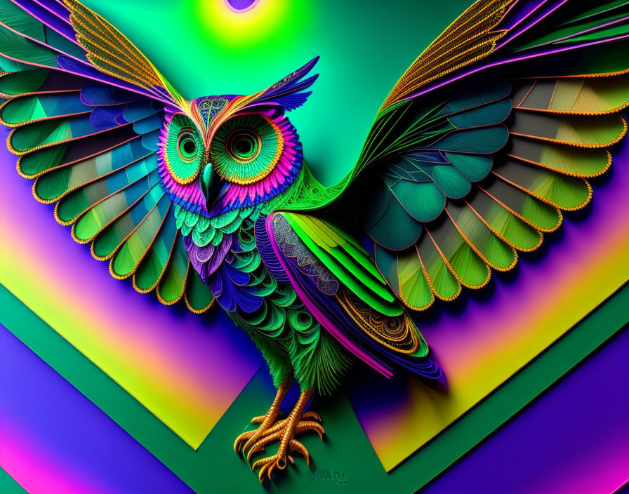 Colorful Owl Artwork with Rainbow Feathers and Neon Background