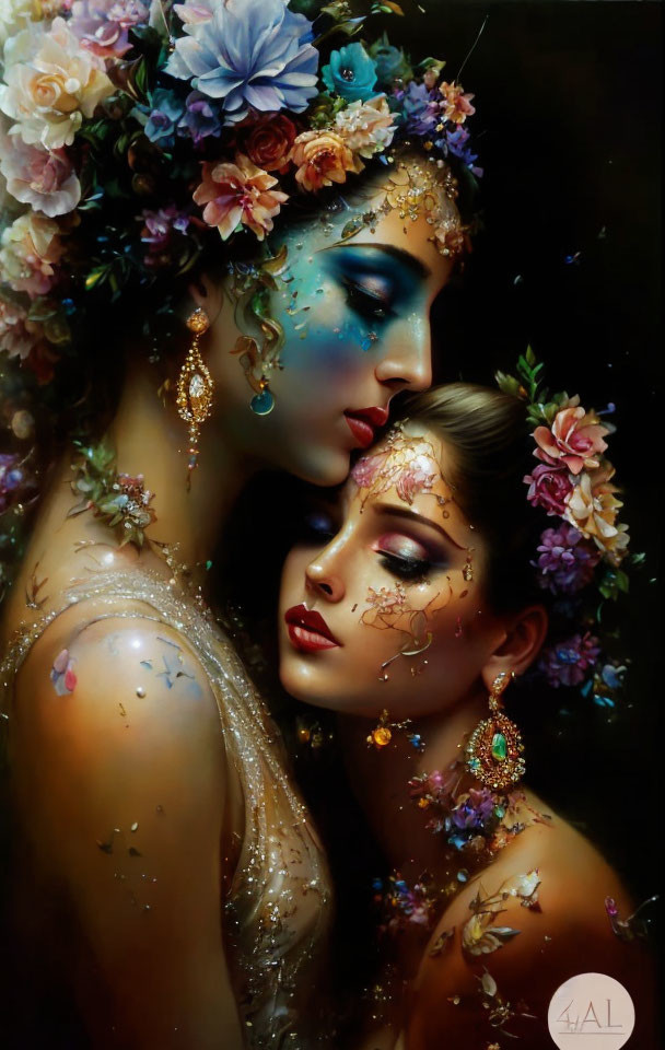 Two women with floral adornments and body art embracing in dark setting