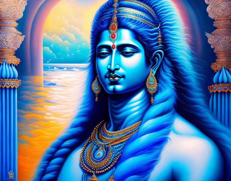 Vivid Blue Lord Shiva Illustration with Ocean Backdrop & Ornate Pillars