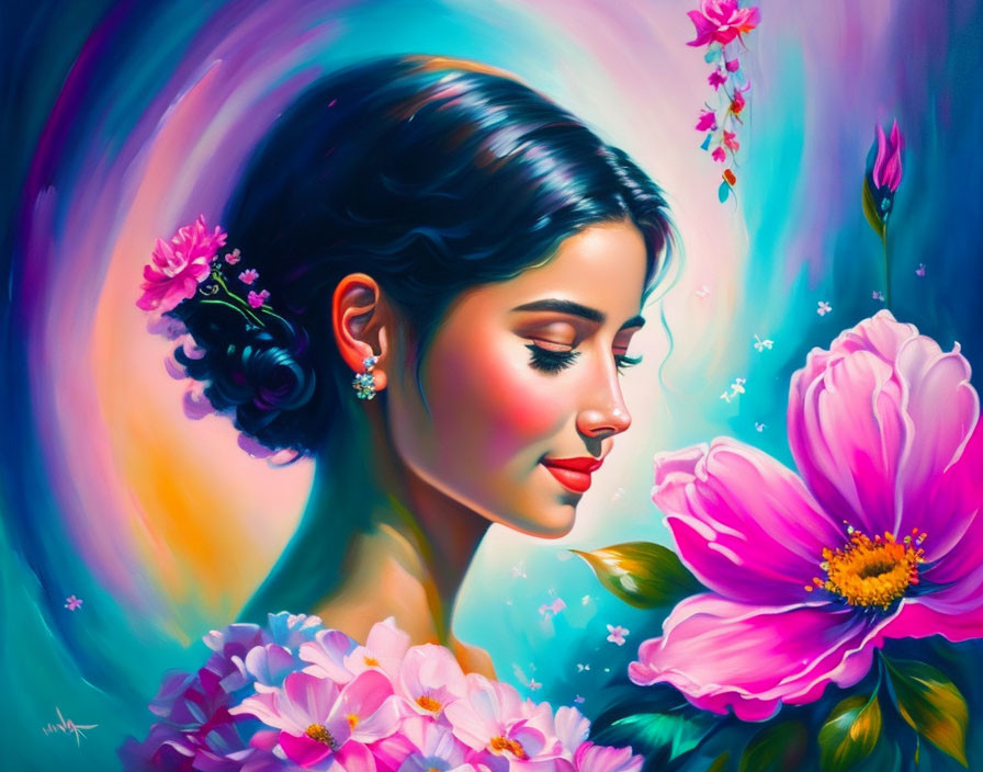 Colorful painting of woman with flowers in her hair surrounded by blooming flora